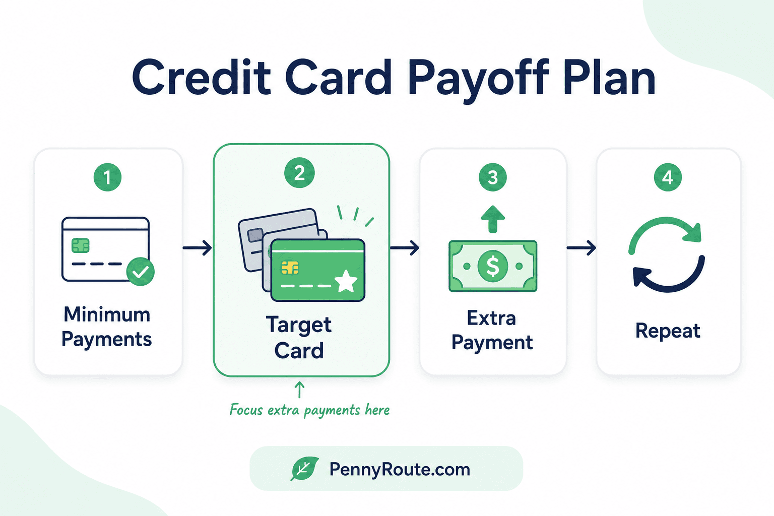 Simple credit card payoff plan showing minimum payments and extra payments toward one target card