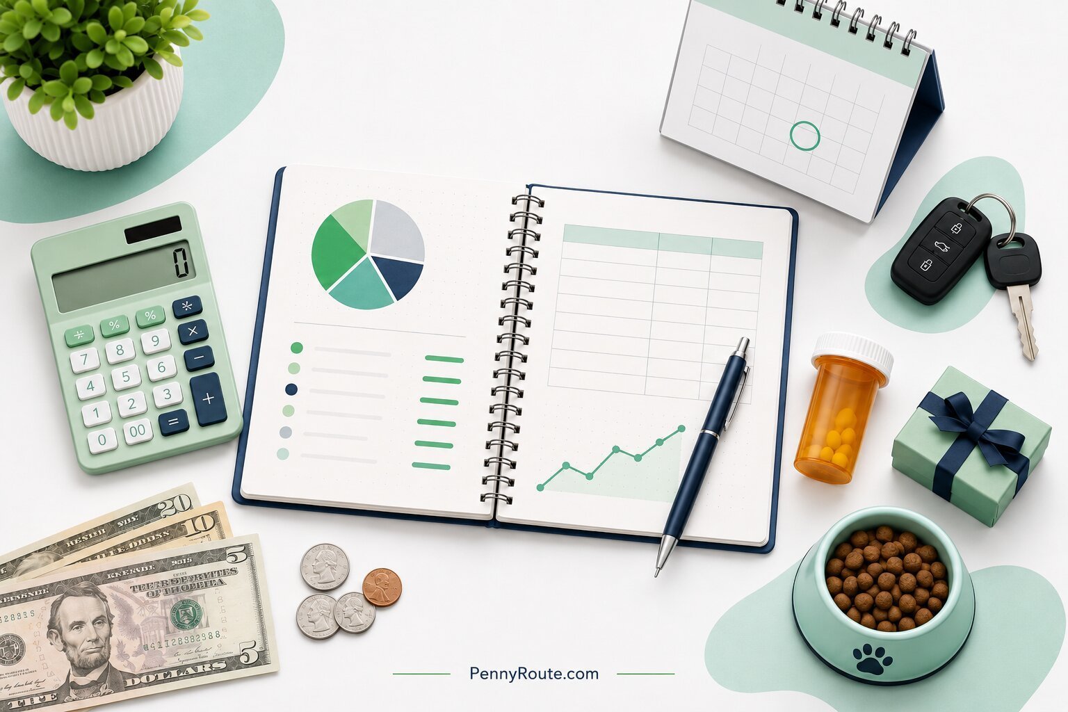 Budget notebook with coins, calculator, calendar, car key, gift box, and small household items for forgotten expenses