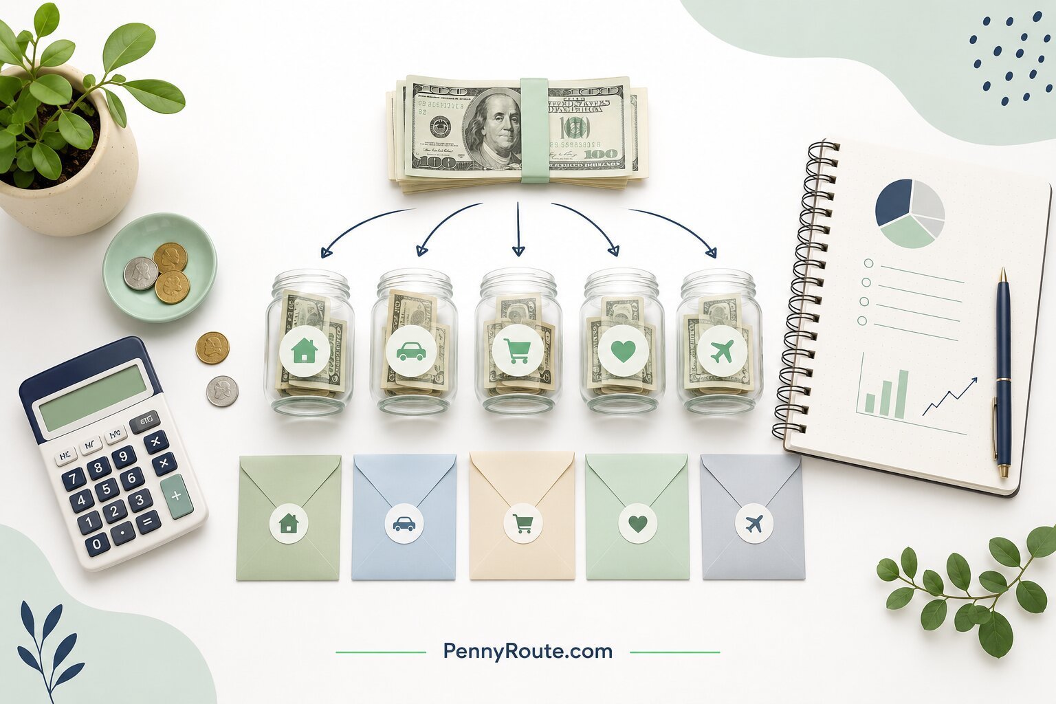 Cash and coins divided into small savings envelopes to plan for irregular expenses each month