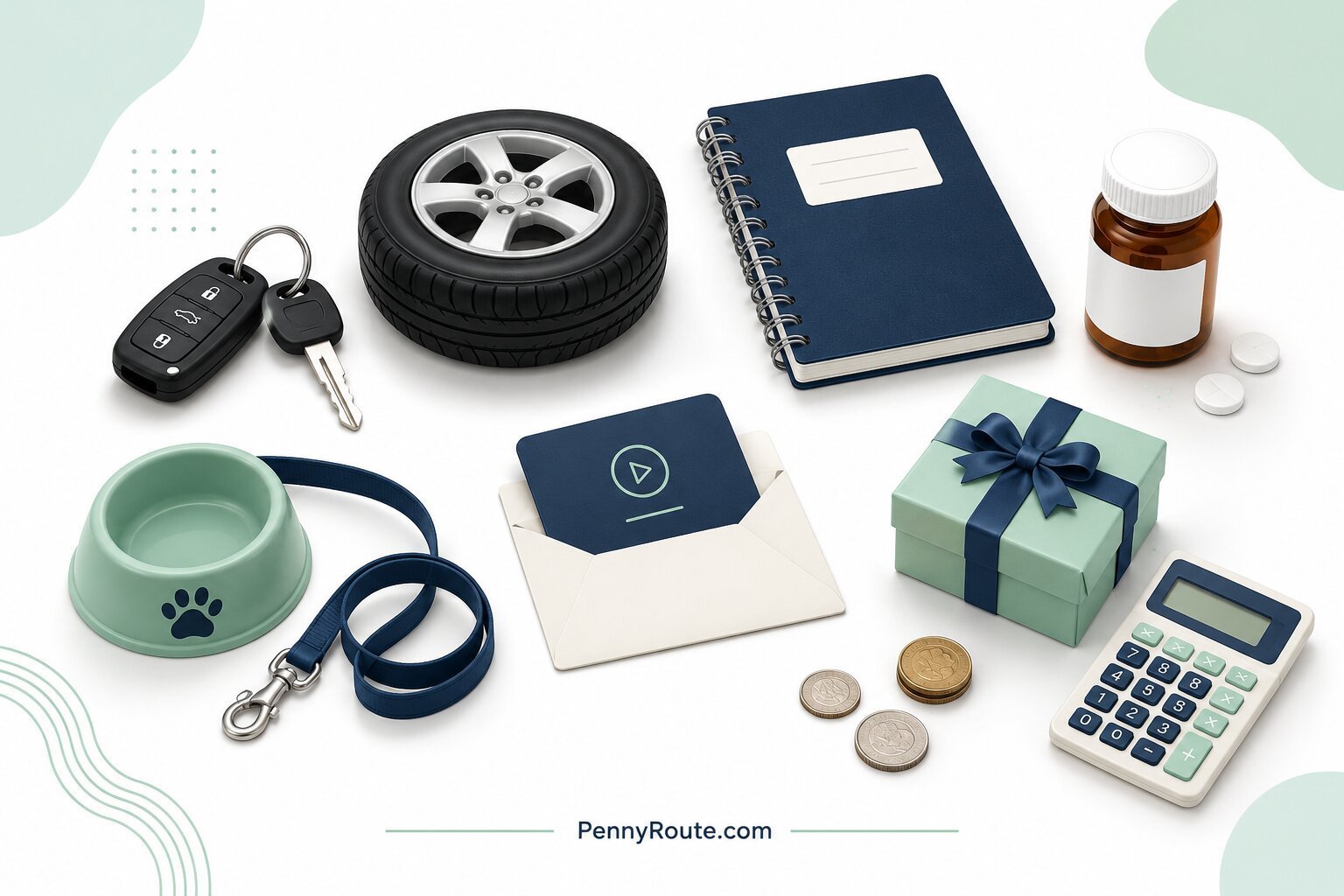 Everyday items representing forgotten budget expenses, including car maintenance, school costs, medical bills, pet care, subscriptions, and gifts