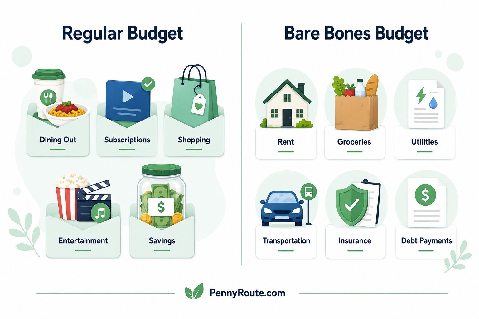 Regular budget compared with bare bones budget showing fewer essential expense items during a tight month