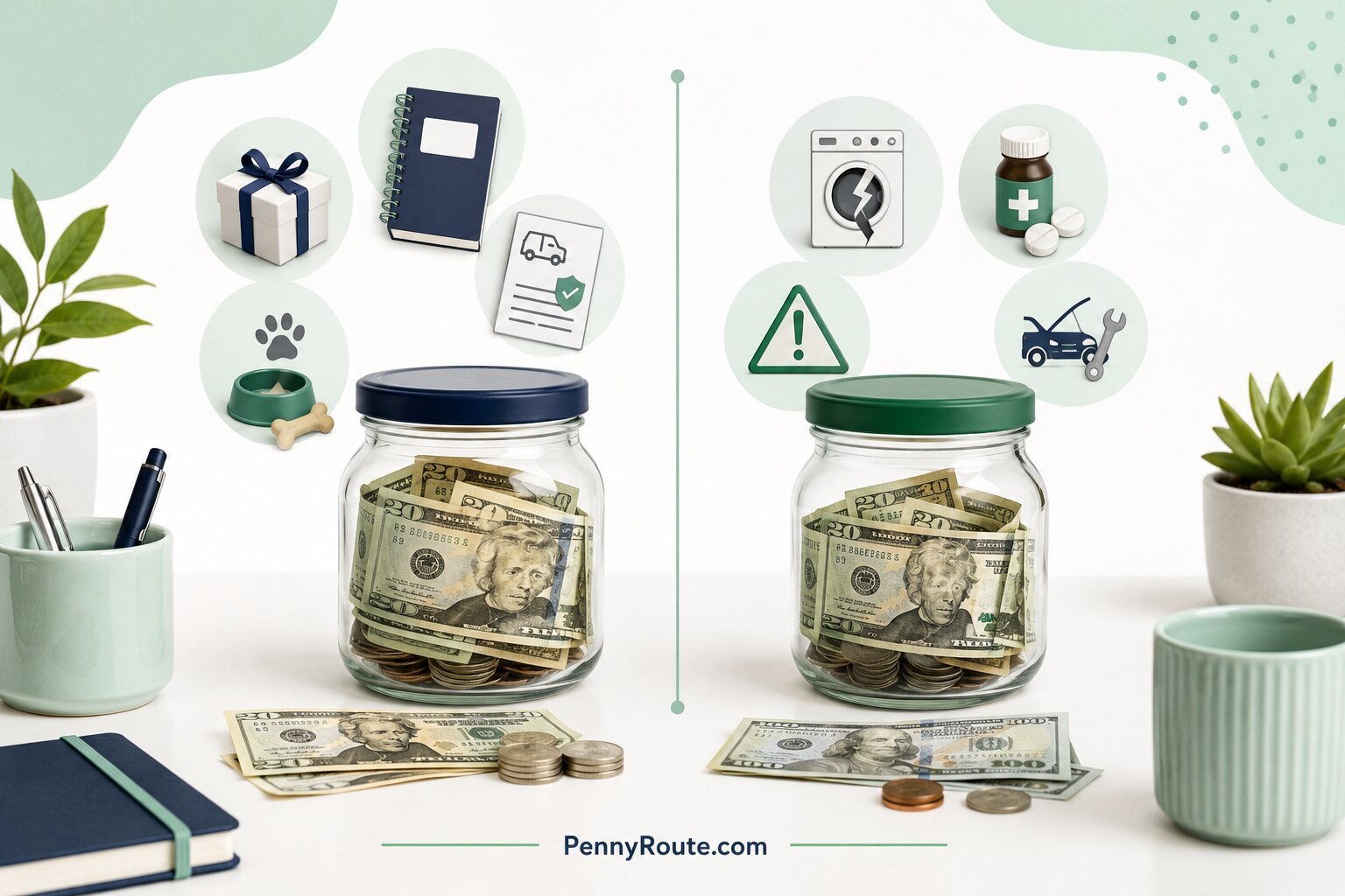 Two savings jars showing planned expenses and emergency costs for better monthly budgeting