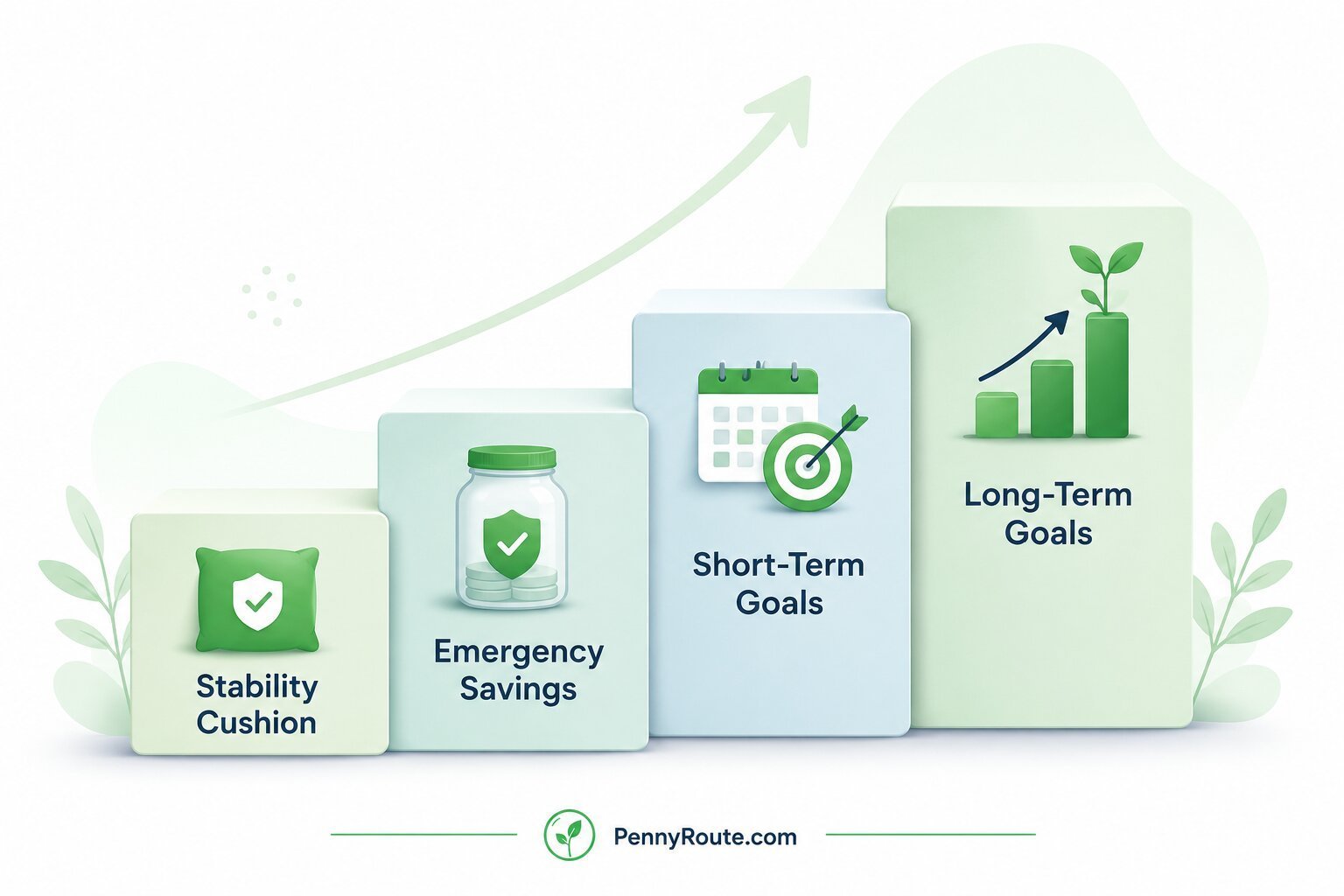Layered savings staircase showing stability cushion, emergency savings, short-term goals, and long-term goals