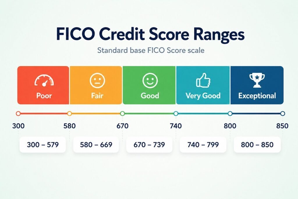 Horizontal FICO credit score ranges chart showing poor from 300 to 579, fair from 580 to 669, good from 670 to 739, very good from 740 to 799, and exceptional from 800 to 850.